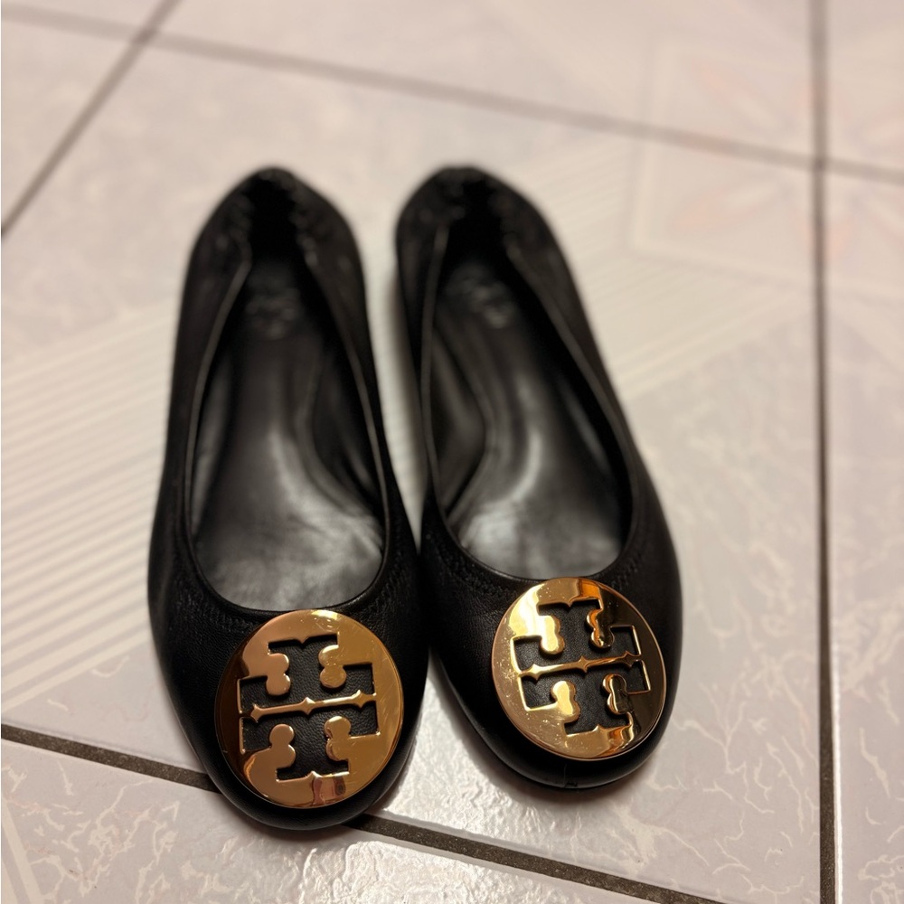 Tory Burch Black Leather Reva Flats with Gold Logo